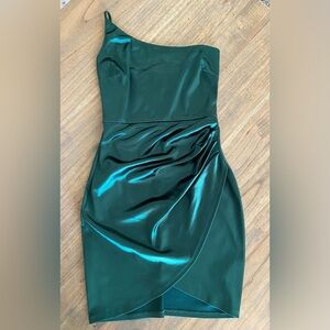 Windsor One Shoulder Dark Green Satin Dress